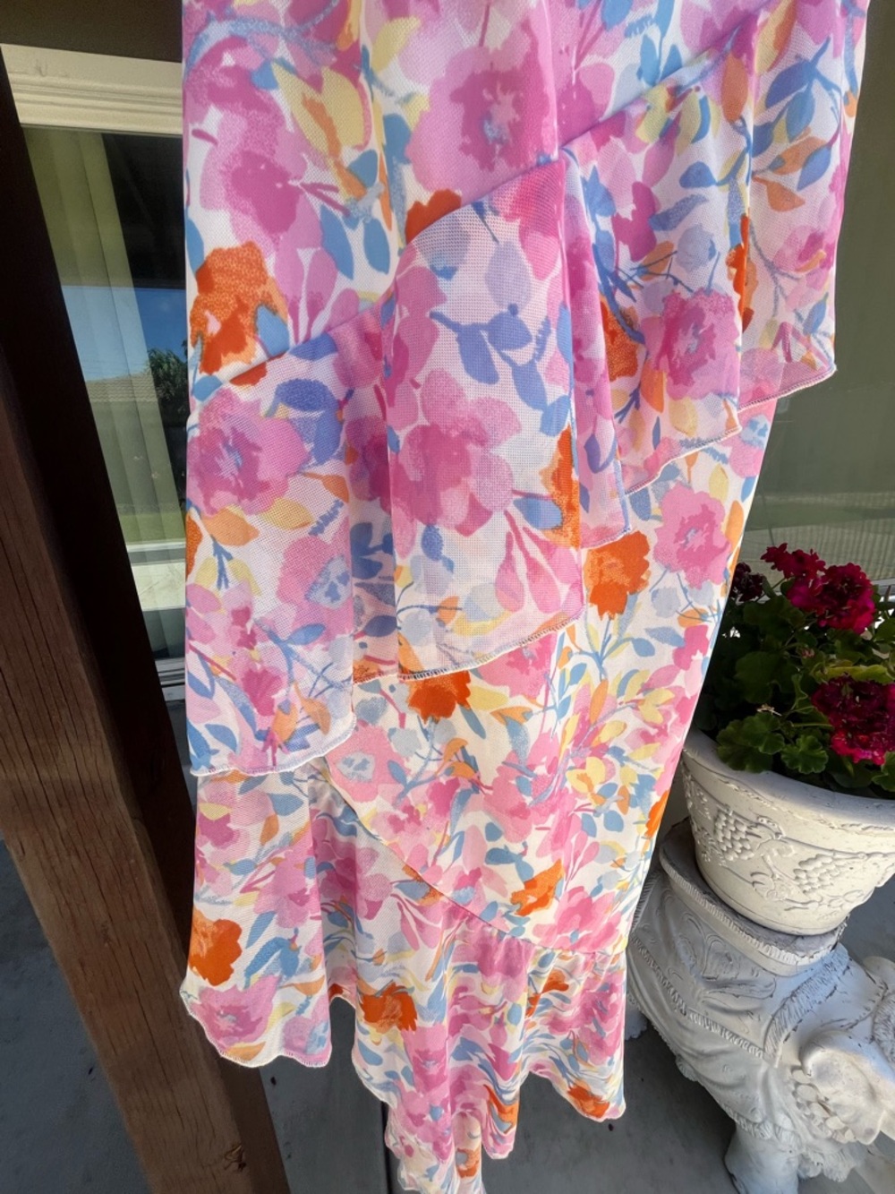No Comment Floral Mesh Midi Dress Asymmetrical Hem Ruffle Size L - Picture 9 of 9